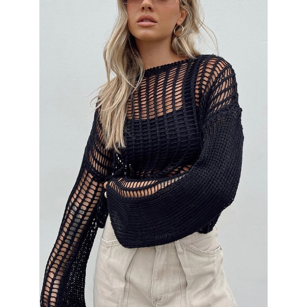 Princess Polly The Kennedy Sweater Black Crochet Mesh Open Knit Coverup Size 4